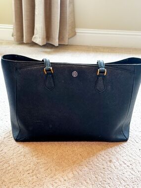 Tory Burch Black Leather Saffiano Tote with Gold Accents